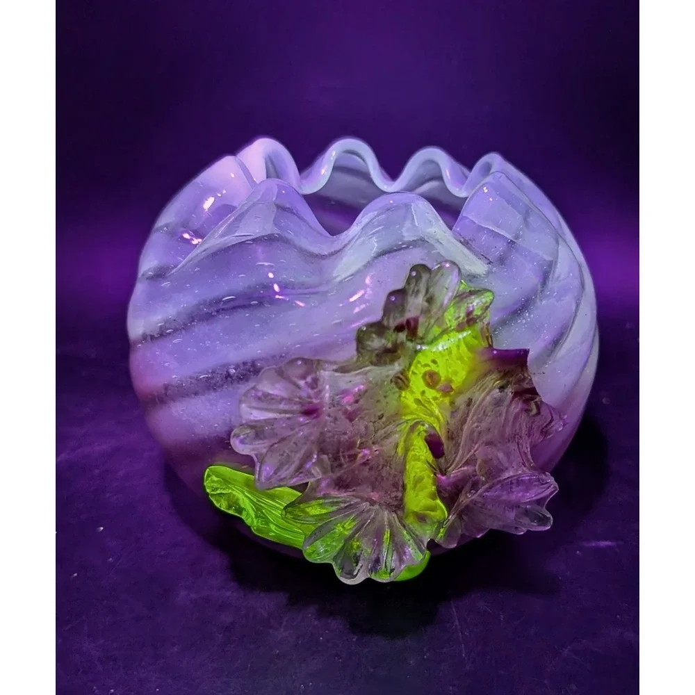 Uranium Glass Applied Flower Rose Bowl Opalescent Cranberry Swirl UV Glow 4.5